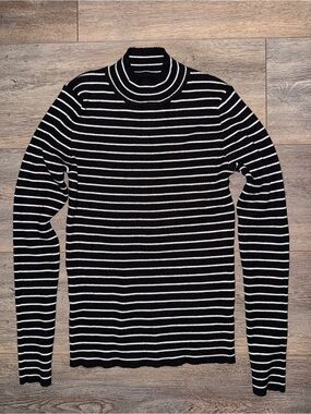 Women's Black & White Striped Turtleneck Sweater